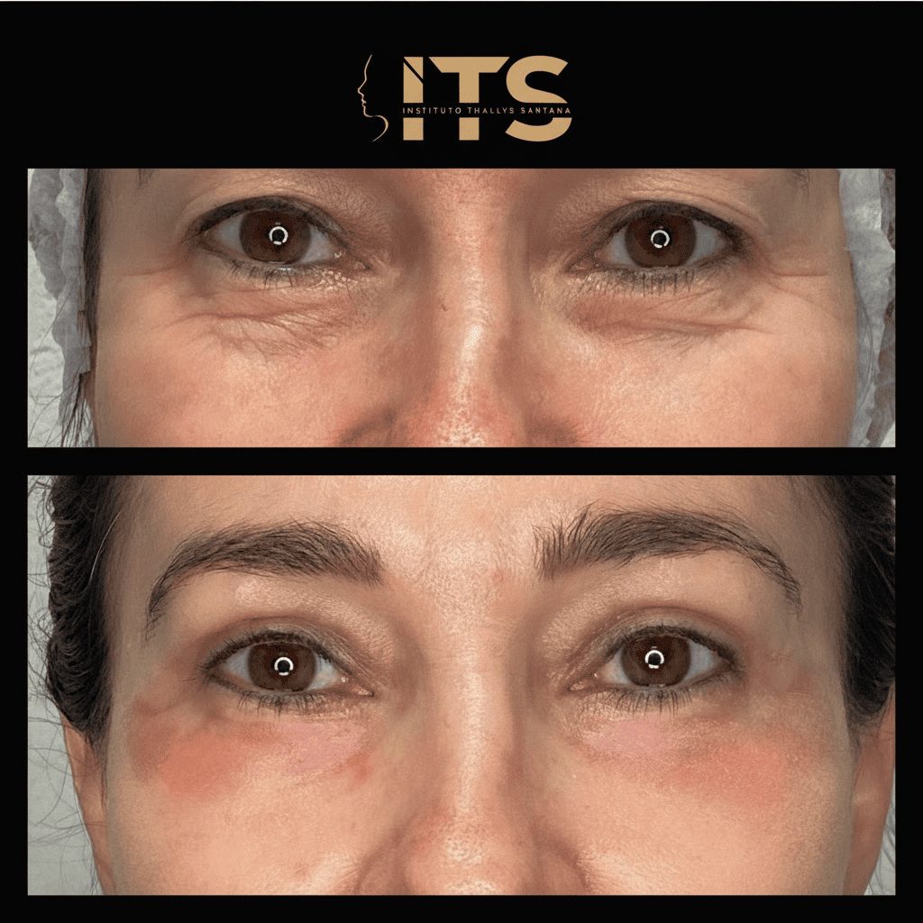 Antes e depois de blefaroplastia inferior: bolsas e sulco sob os olhos suavizados, com olhar mais descansado